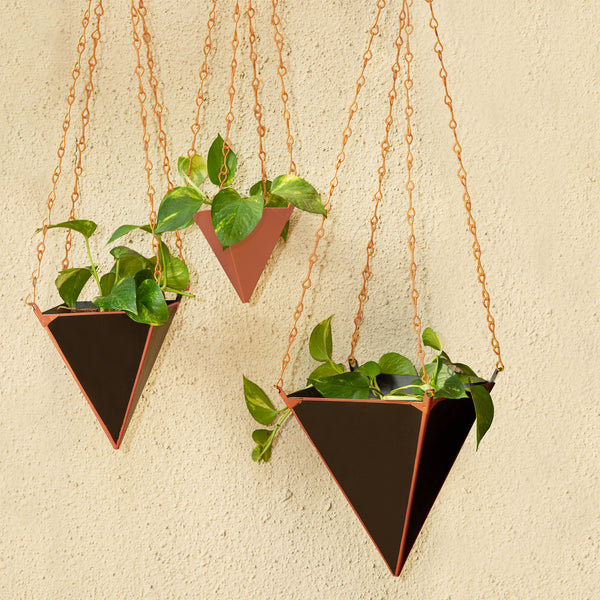 ReStory Amory Pyramid Metal Ceiling Hanging Planter Large - Black with rose gold