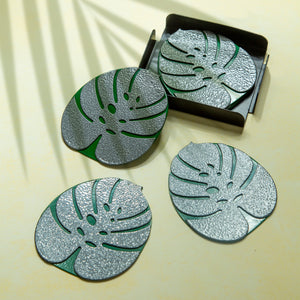 ReStory Lappi Unique Leaf Metal Coaster set of 6 with holder - grey/green/black