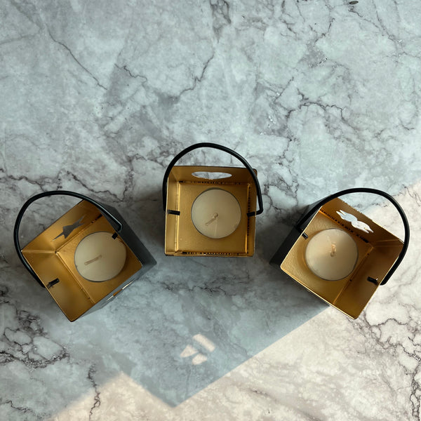 ReStory Black and gold mini metal lantern tea light holder set of 3